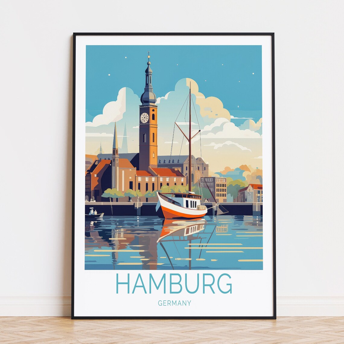 Hamburg Germany Harbor Sailboat Clock Tower Retro Travel Poster