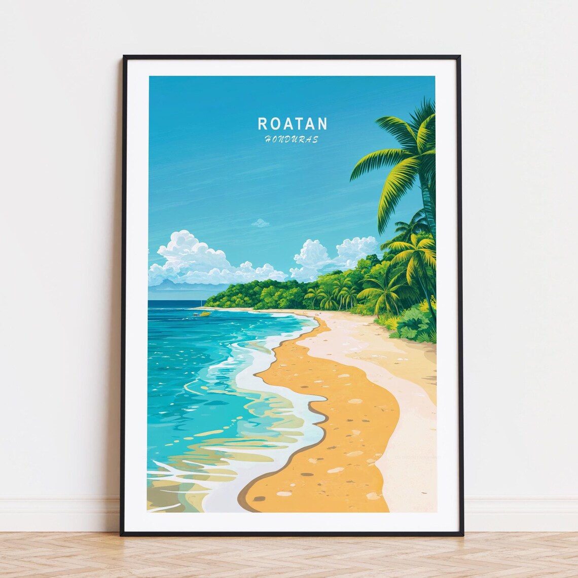 Vintage Roatan Honduras Caribbean Tropical Beach Travel Poster