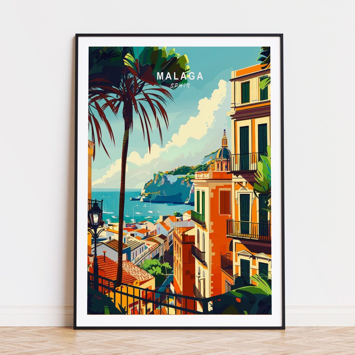 Malaga Spain Coastline Palm Trees Beautiful Sunny Retro Travel Poster