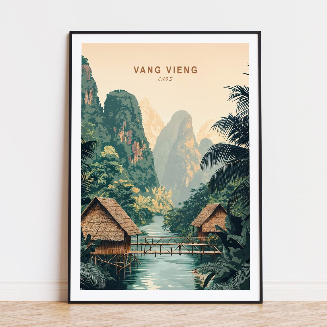 Vang Vieng Laos River Huts Karst Peaks Vintage Travel Poster