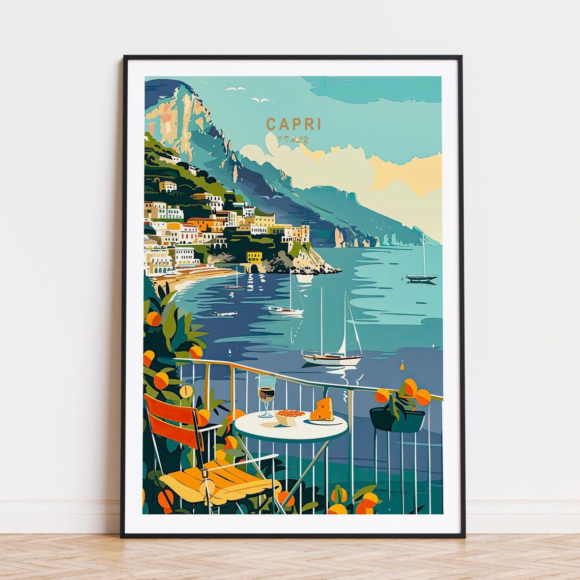 Capri Italy Bay Balcony Wine Sailboats Coastal View Travel Poster