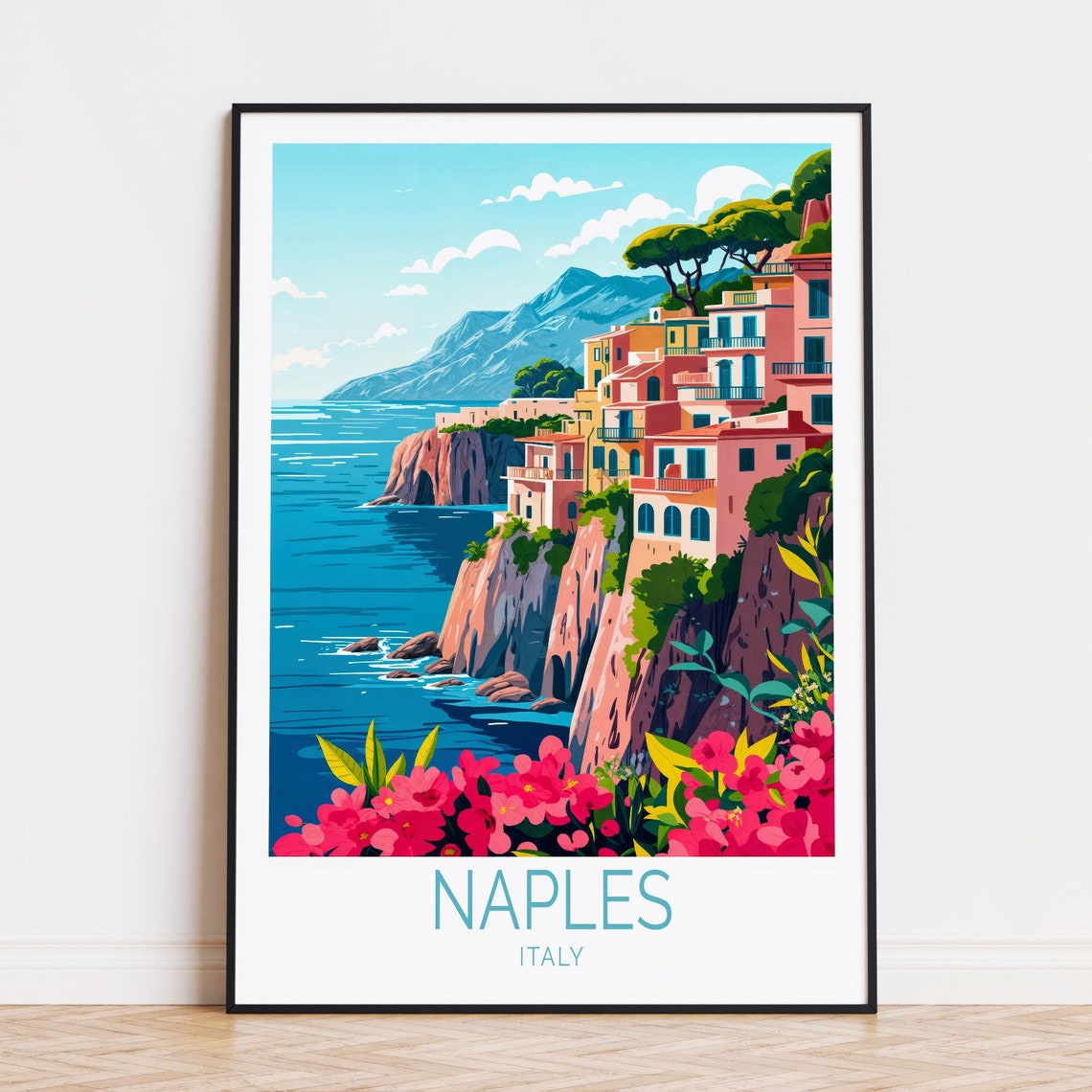 Naples Italy Bright Seaside Cliffs Bougainvillea Mountain View Poster