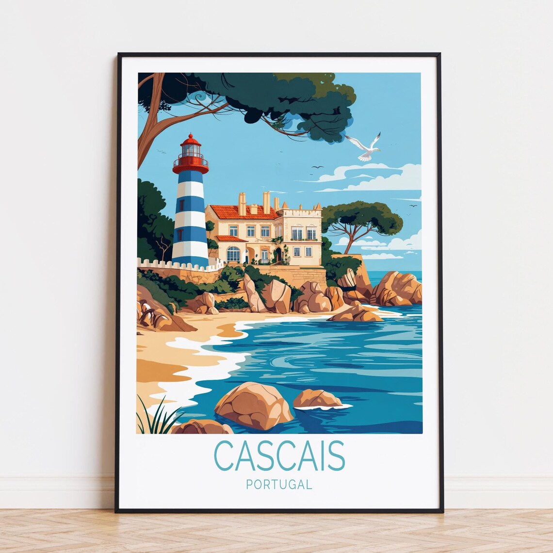 Cascais Portugal Lighthouse Beach Villa Coastal Scene Travel Poster