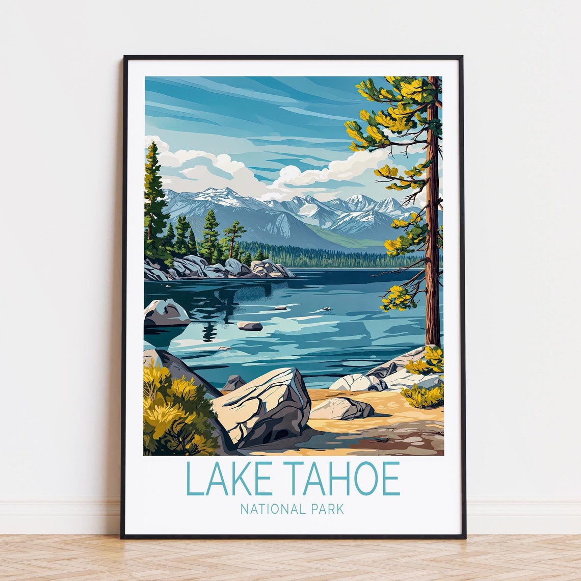 Lake Tahoe Rocky Shoreline Deep Blue Water Caption Below Poster