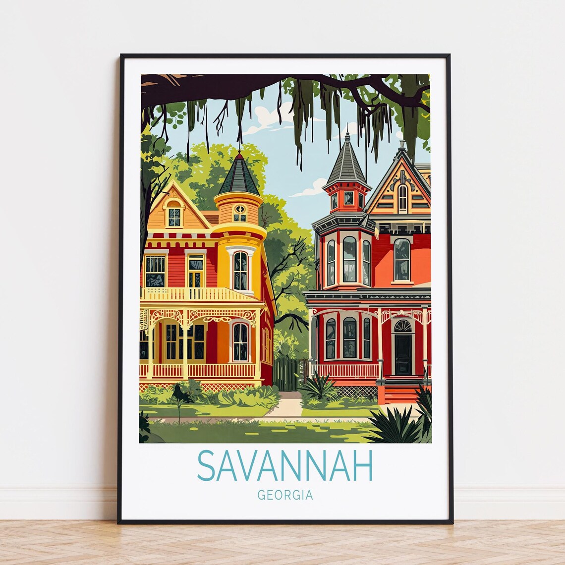 Savannah Georgia Victorian Houses Spanish Moss Street Scene Poster