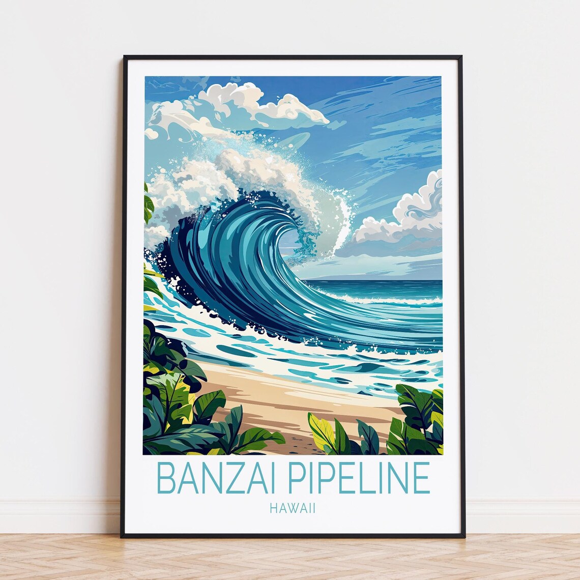 Banzai Pipeline Hawaii Giant Curling Wave Surf Vintage Travel Poster