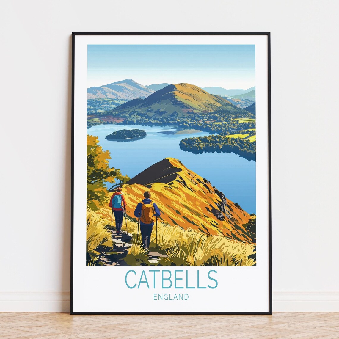 Catbells England Fell Hikers Lake View Hiking Art Travel Poster