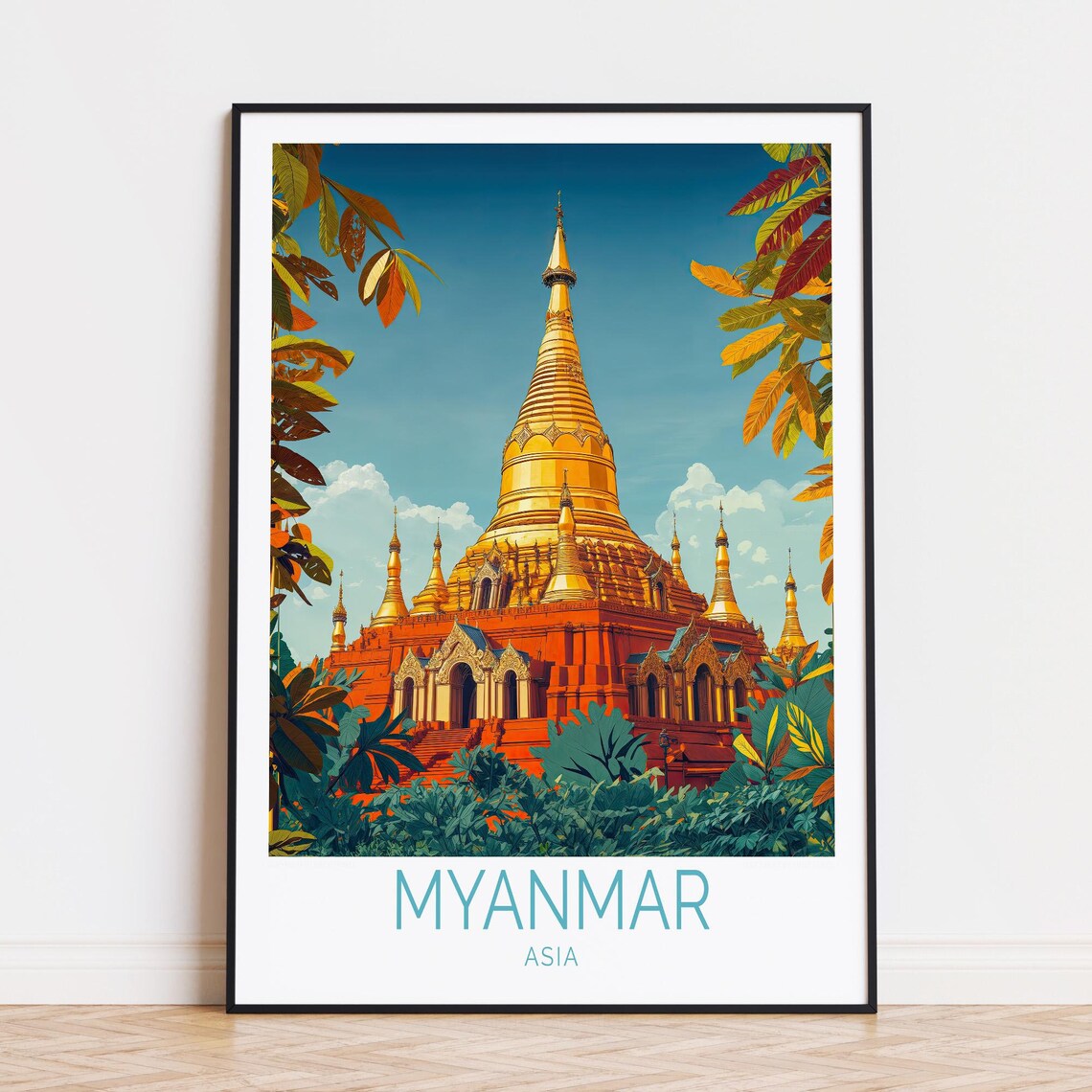 Myanmar Asia Golden Buddhist Stupa Temple Garden Travel Poster