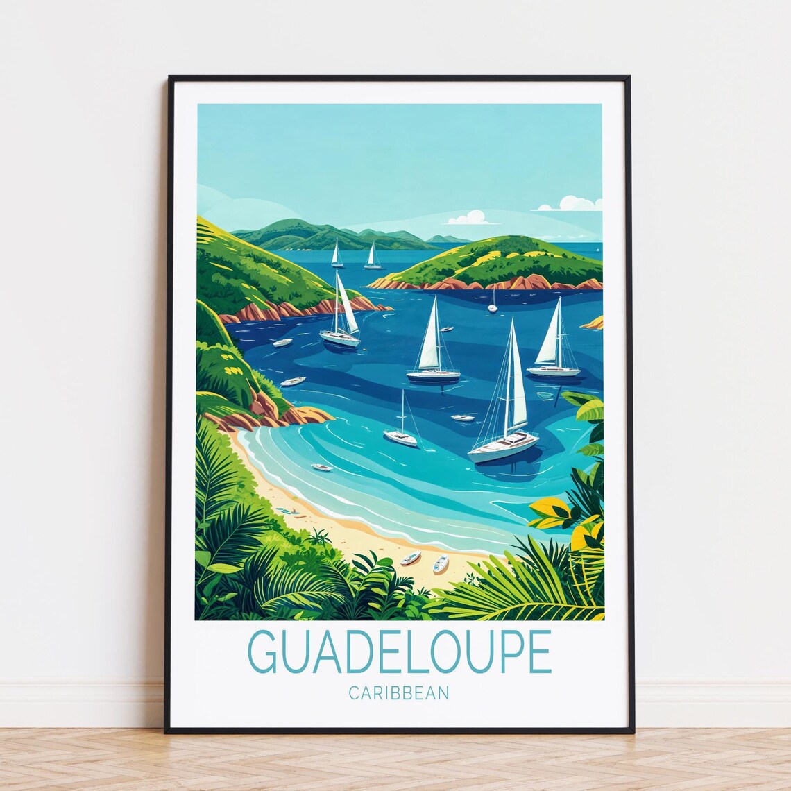 Guadeloupe Caribbean Sailboats Among Lush Green Islands Poster
