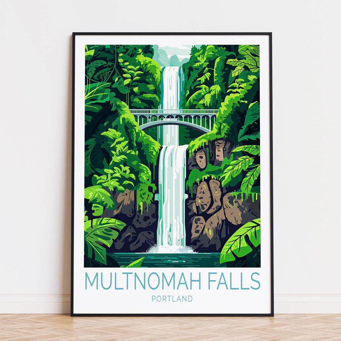 Multnomah Falls Portland Lush Green Waterfall Summer Scene Poster