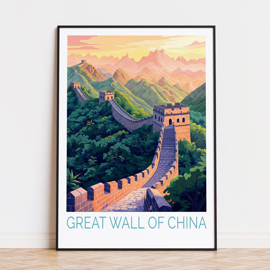Great Wall Of China Sunset Watchtower Mountains Travel Poster