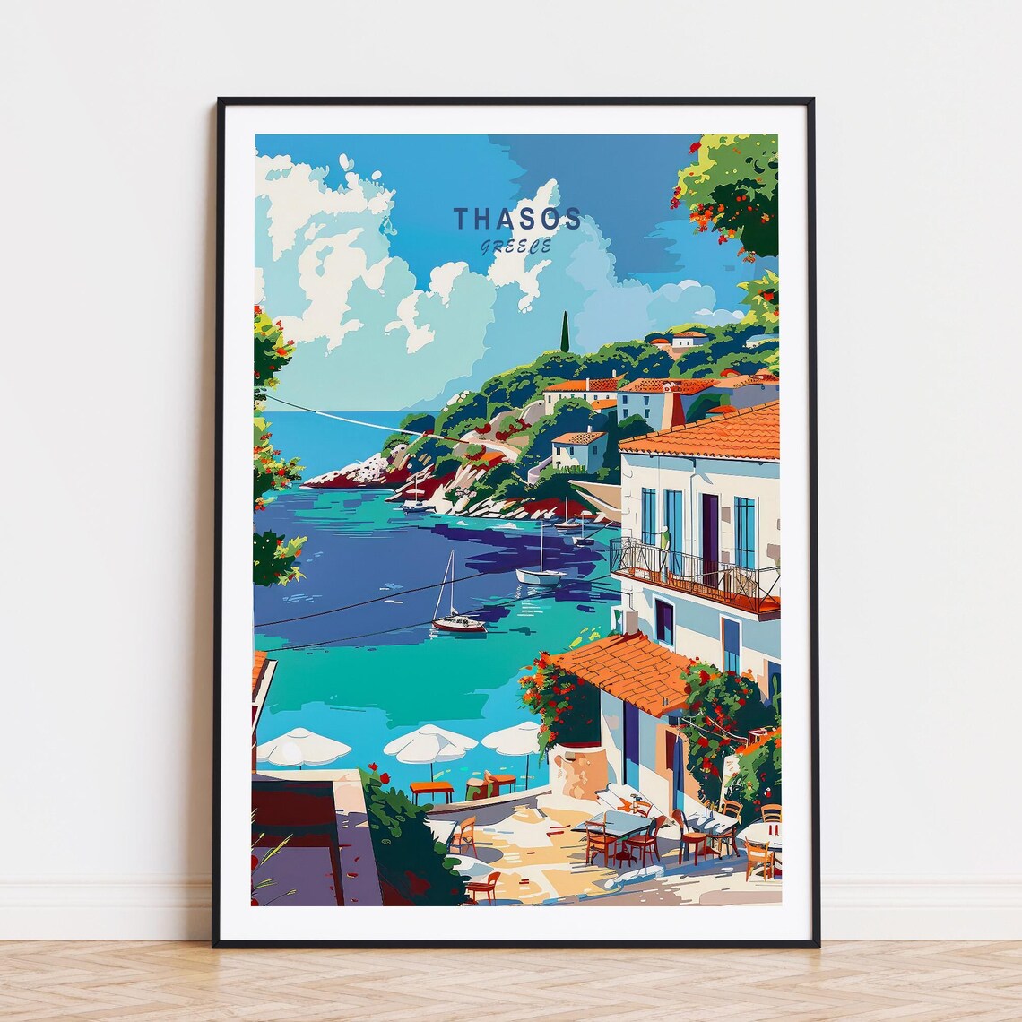 Thasos Greece Island Harbor Sailboats Taverna Shore Travel Poster