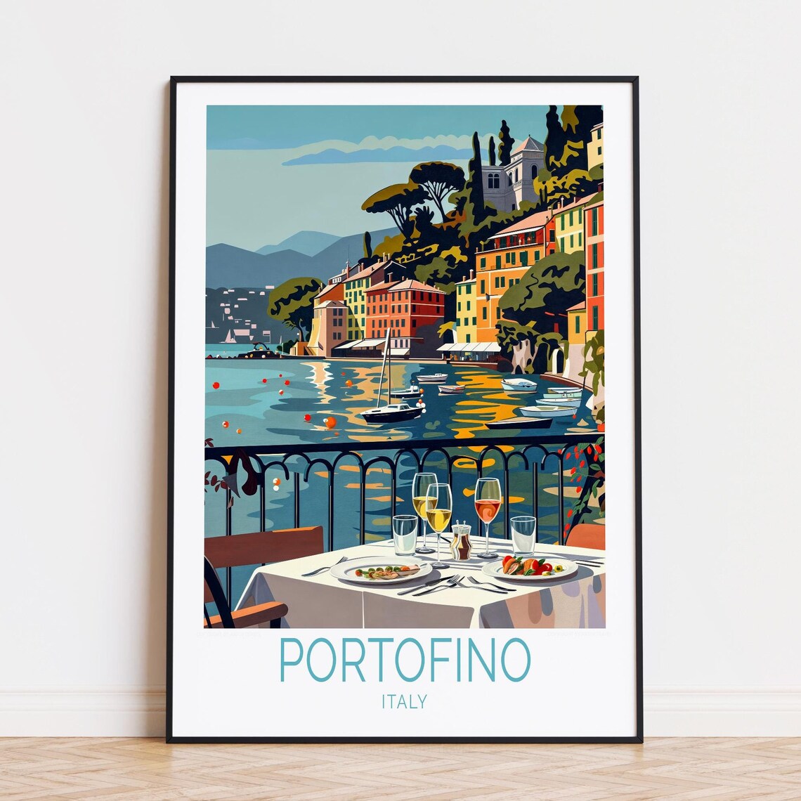 Portofino Italy Harbor Waterfront Dining Boats Hillside Travel Poster