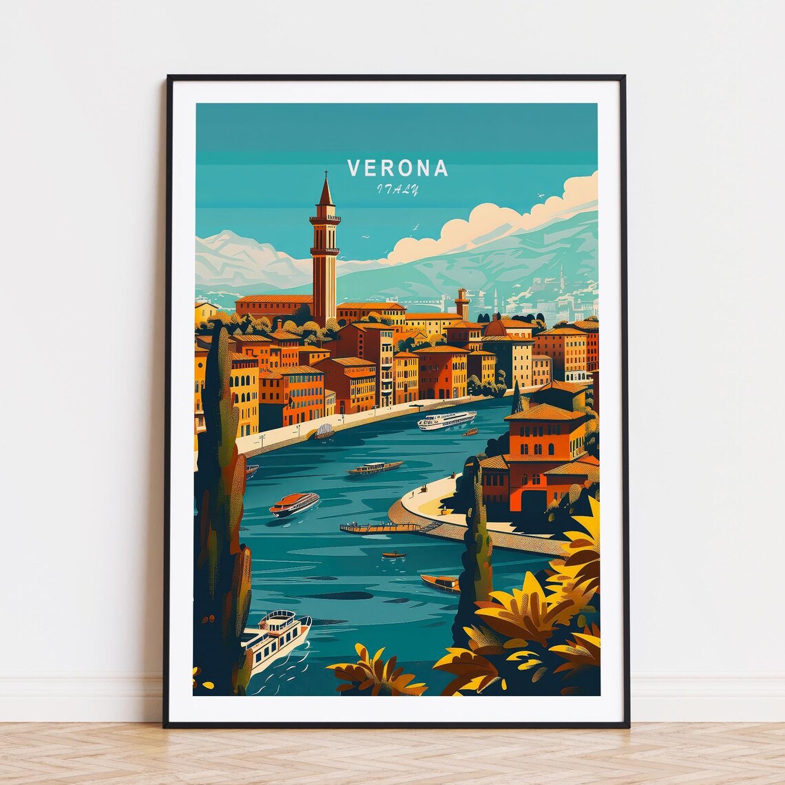 Verona Italy Adige River Romantic Riverside Old Town Travel Poster