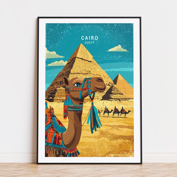 Cairo Egypt Giza Pyramids Camel Caravan Desert Sunset Travel Poster