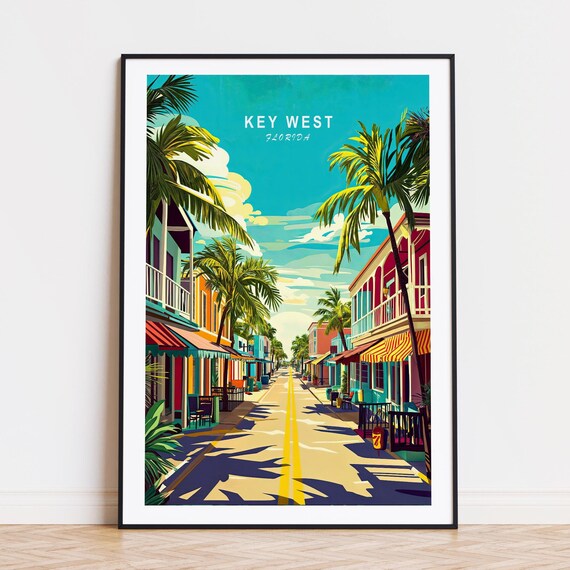 Key West Florida Colorful Street Palm Trees Sunny Town Travel Poster