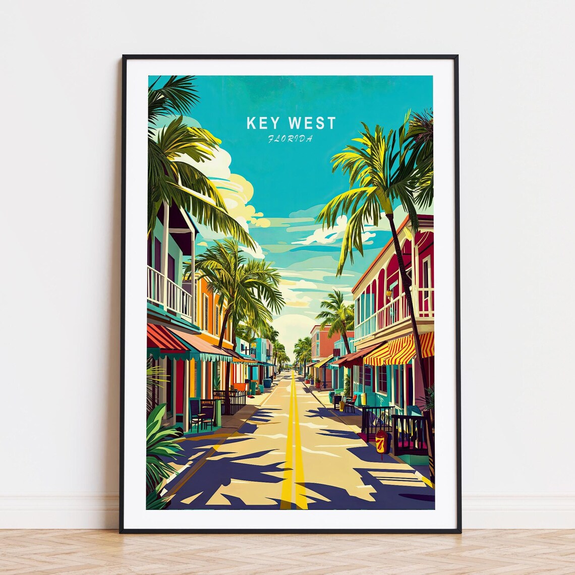 Key West Florida Colorful Street Palm Trees Sunny Town Travel Poster