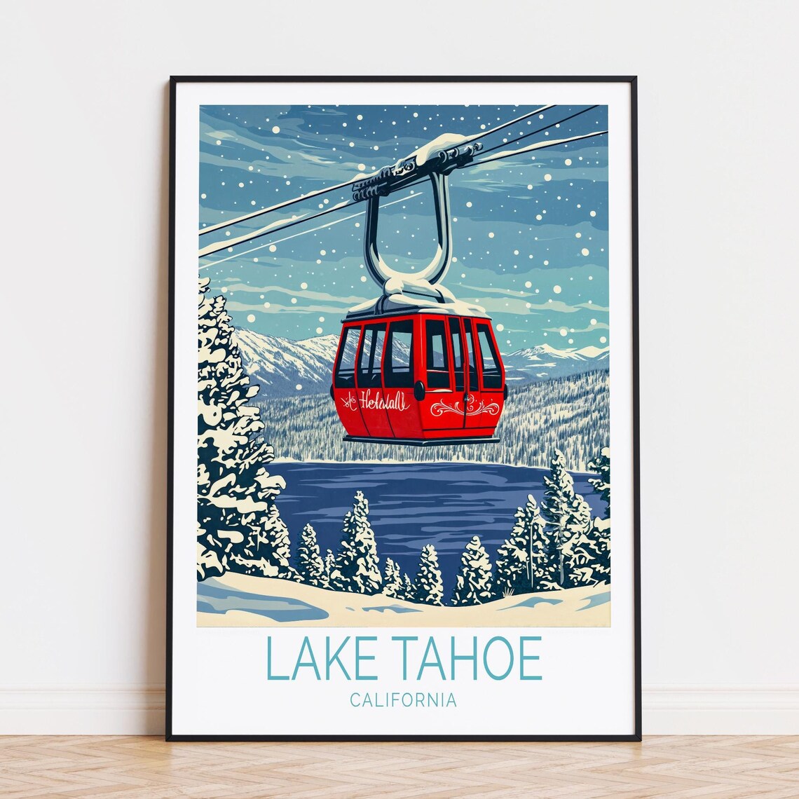 Lake Tahoe California Red Gondola Snowy Winter Alpine Travel Poster