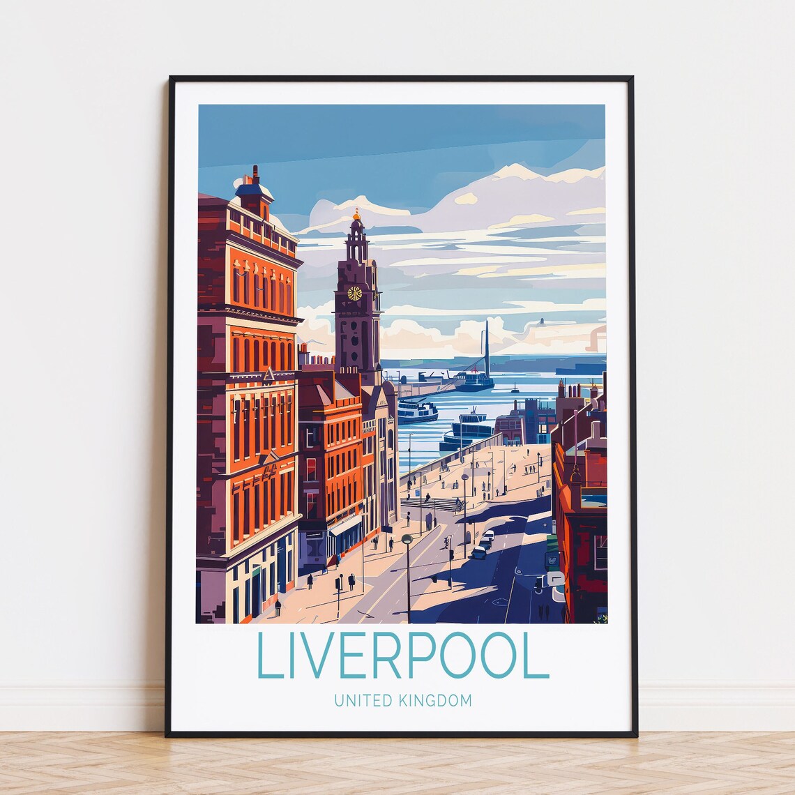 Liverpool United Kingdom Historic Waterfront Skyline Travel Poster