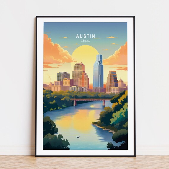 Austin Texas Skyline Sunset Colorado River Bridge Cityscape Art Poster