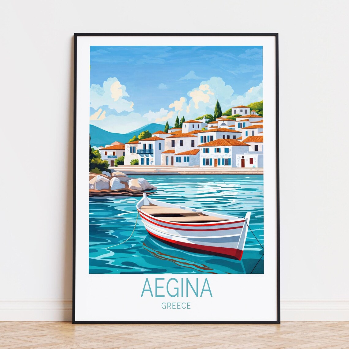 Aegina Greece White Village Wooden Boat Harbor Travel Poster