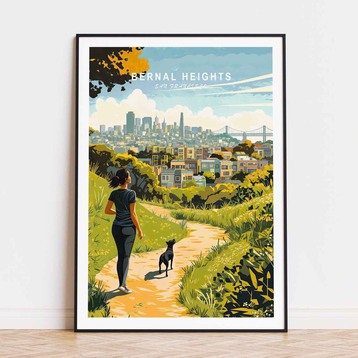Bernal Heights San Francisco Trail Woman and Dog Skyline Poster