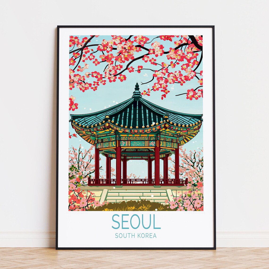 Seoul South Korea Traditional Pavilion Cherry Blossom Travel Poster