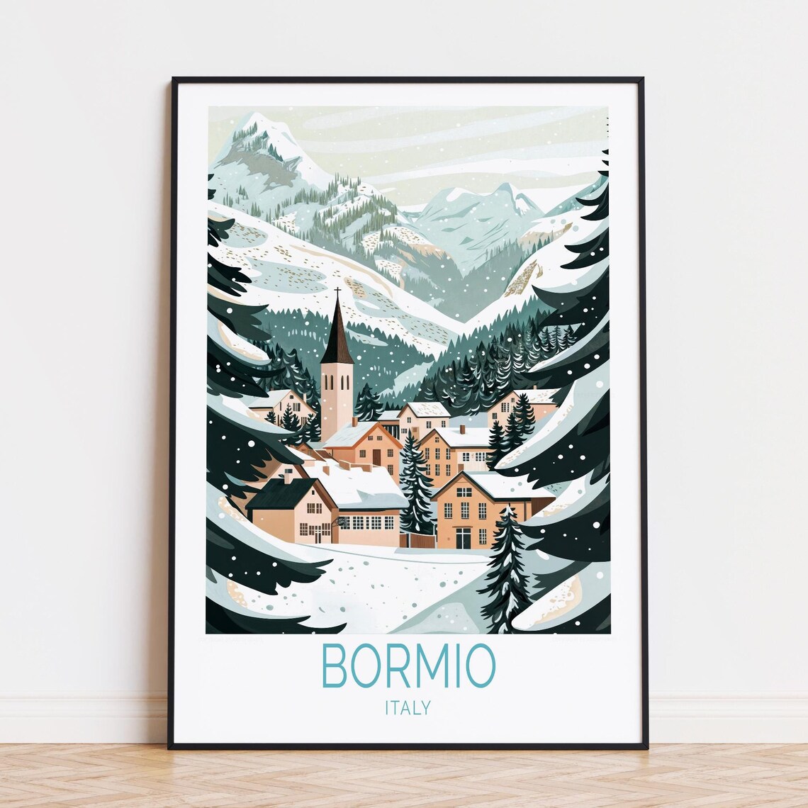 Bormio Italy Snowy Alpine Village Church Steeple Winter Scene Poster