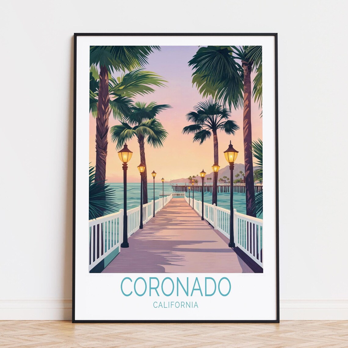 Coronado California Sunset Pier Palm Trees Beachwalk Travel Poster