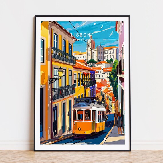 Lisbon Portugal Vintage Yellow Tram Steep Old Town Street Poster