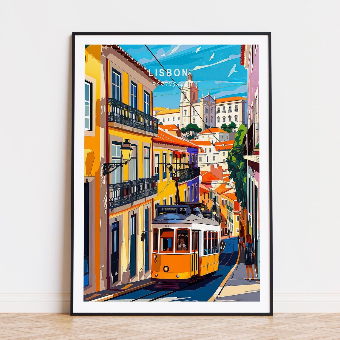 Lisbon Portugal Vintage Yellow Tram Steep Old Town Street Poster