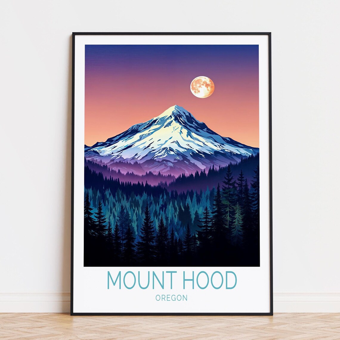 Mount Hood Oregon Moonrise Snow Peak Forest Twilight Travel Poster