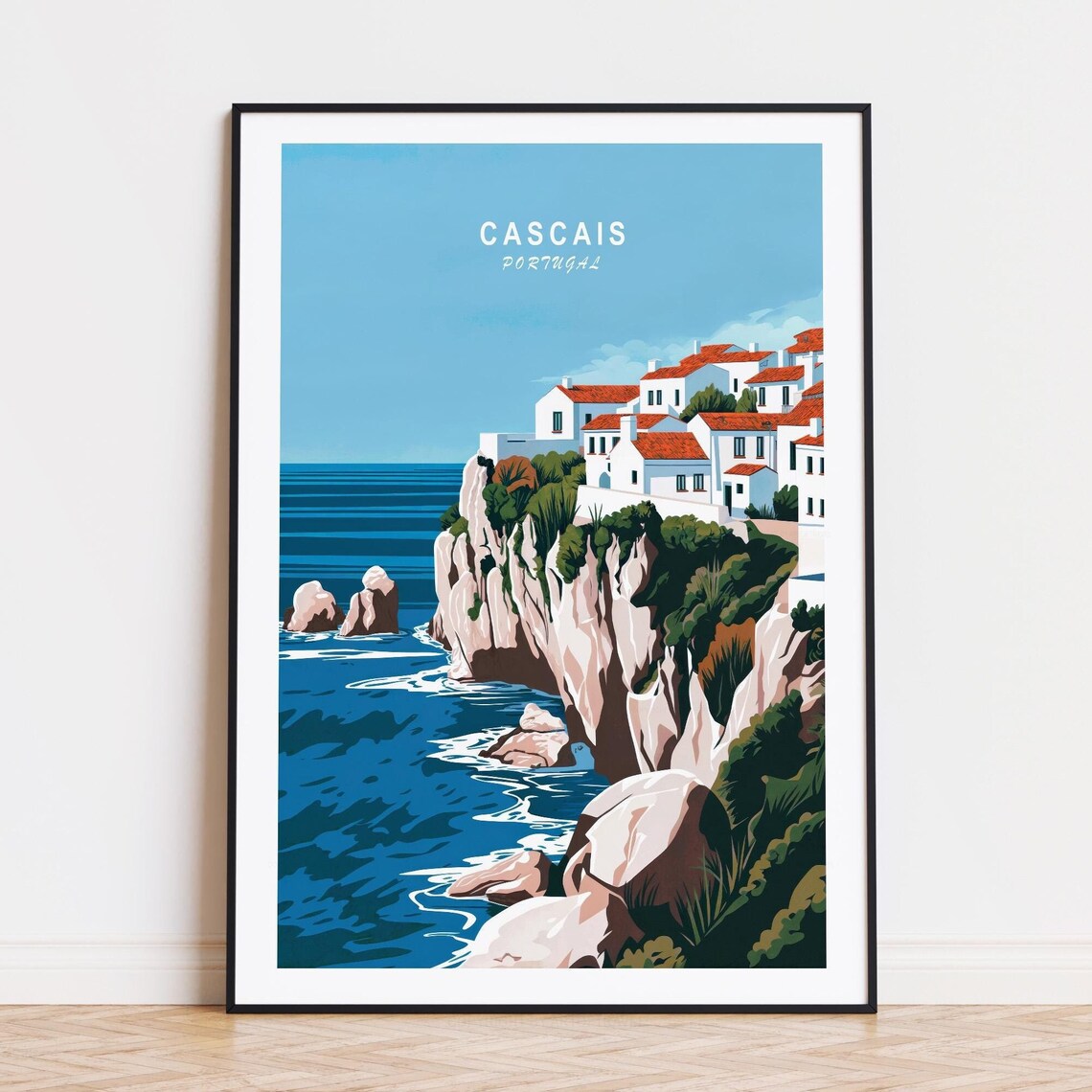 Cascais Portugal Ocean Cliffside Old Town Rooftops View Travel Poster