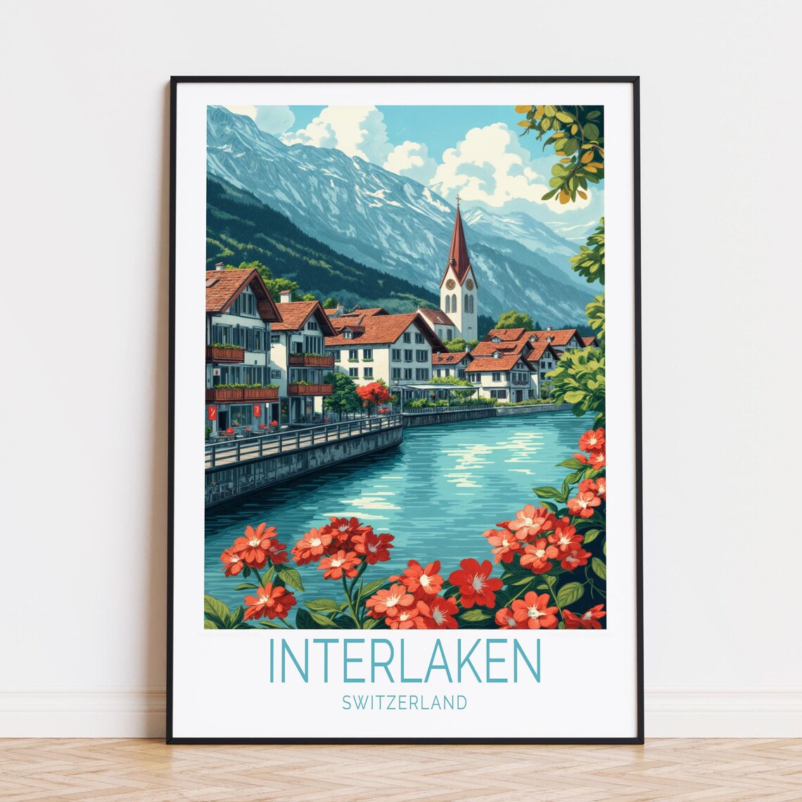 Interlaken Switzerland Alpine River Church and Mountains Poster