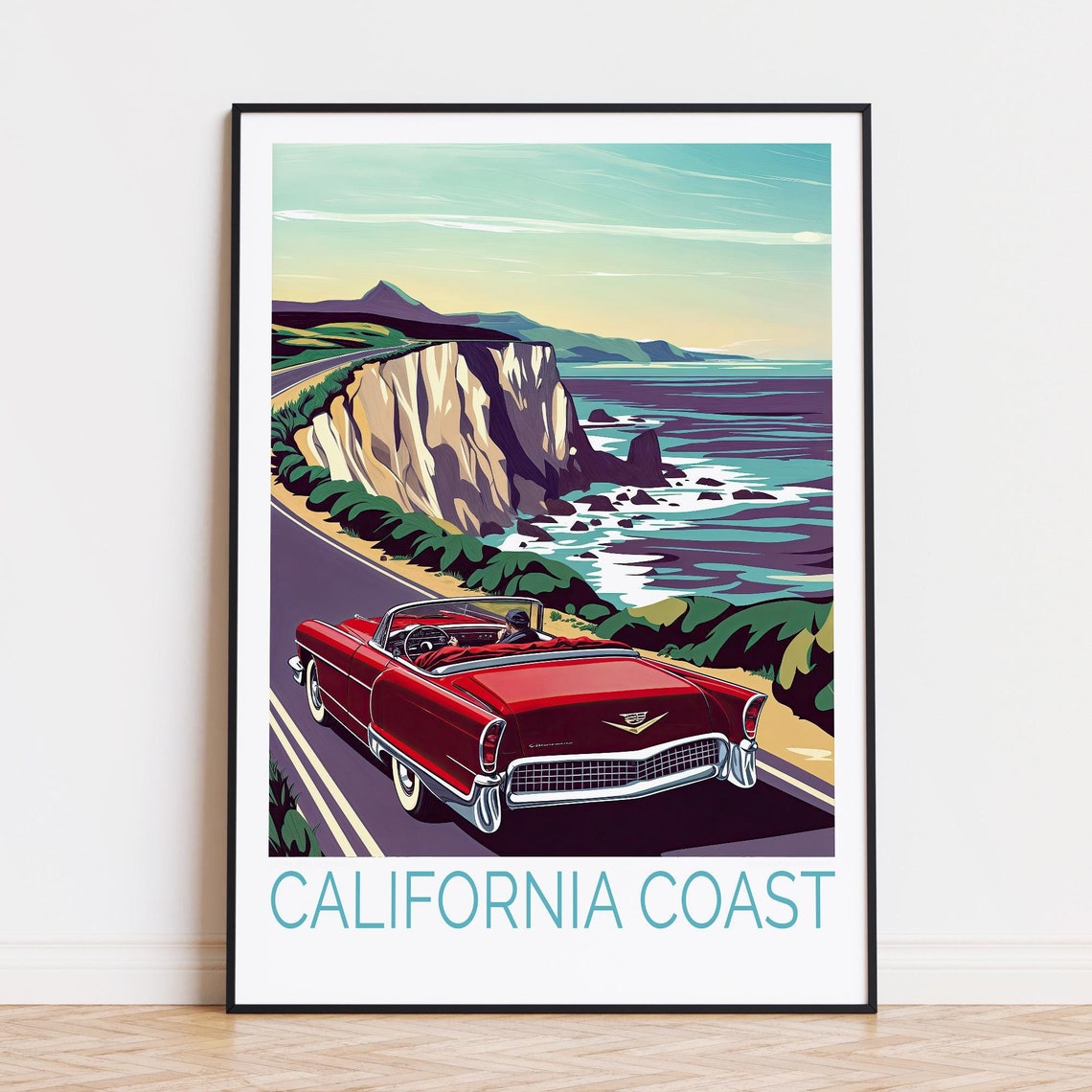 California Coast Classic Red Convertible Highway Retro Poster
