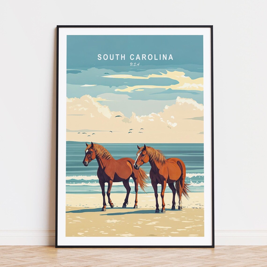 South Carolina Beach Horse Pair Shore Scene Vintage Travel Poster