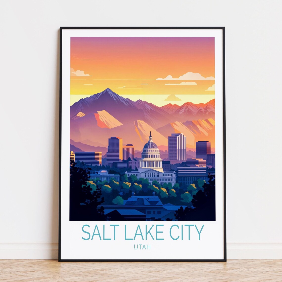 Salt Lake City Utah Sunset Capitol Skyline Mountain View Poster