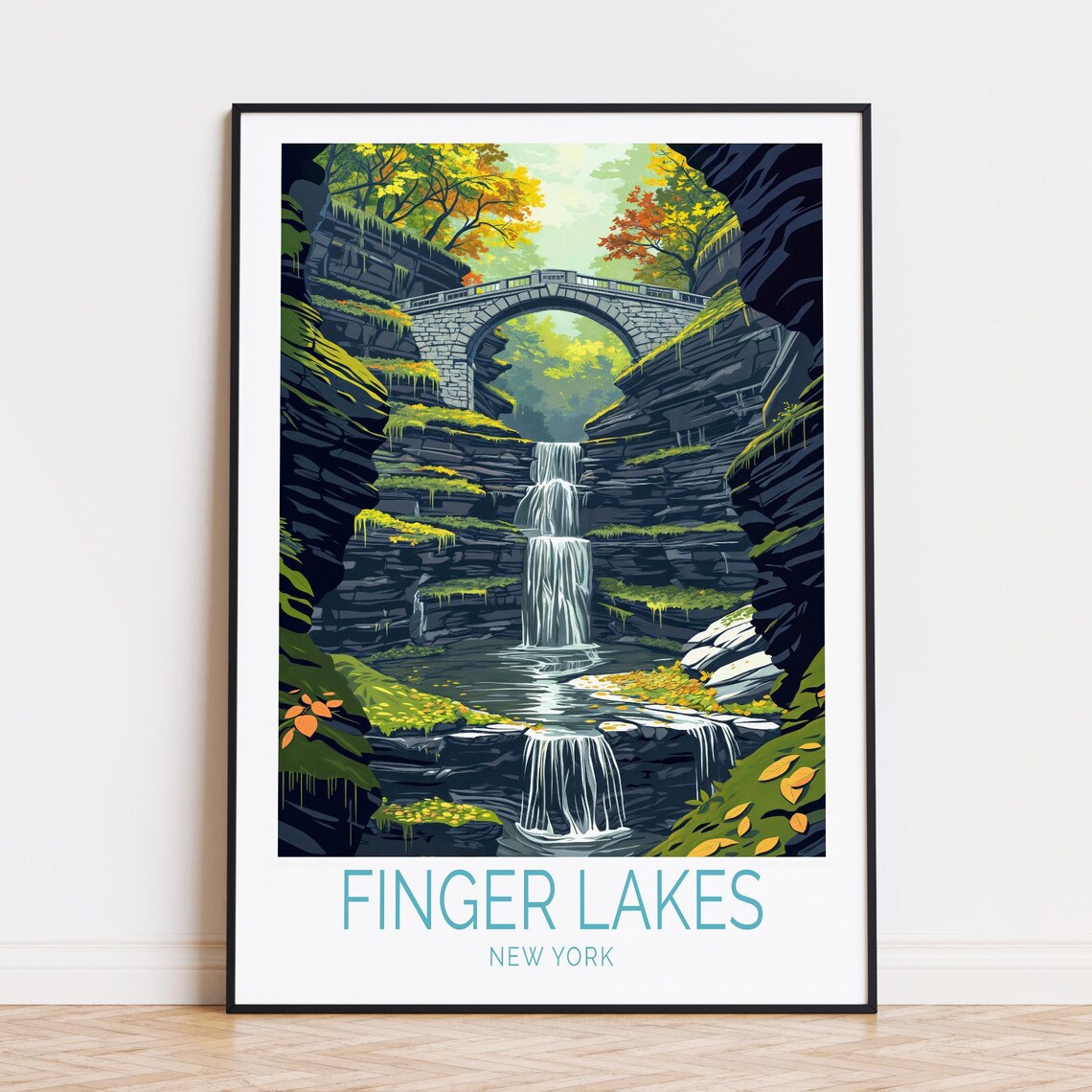 Finger Lakes New York Gorge Waterfall Stone Bridge Fall Travel Poster