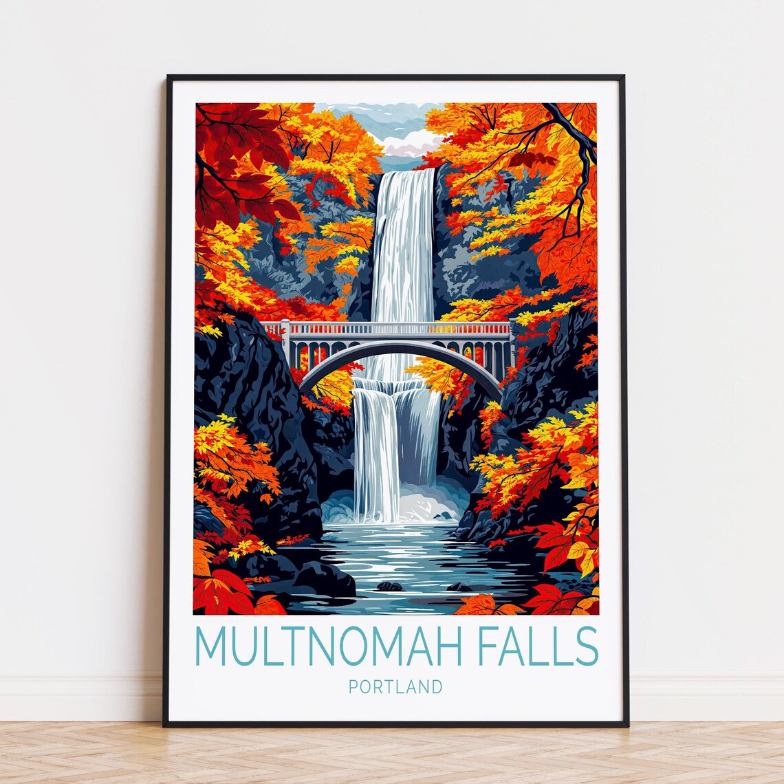 Multnomah Falls Portland Autumn Foliage Waterfall View Poster