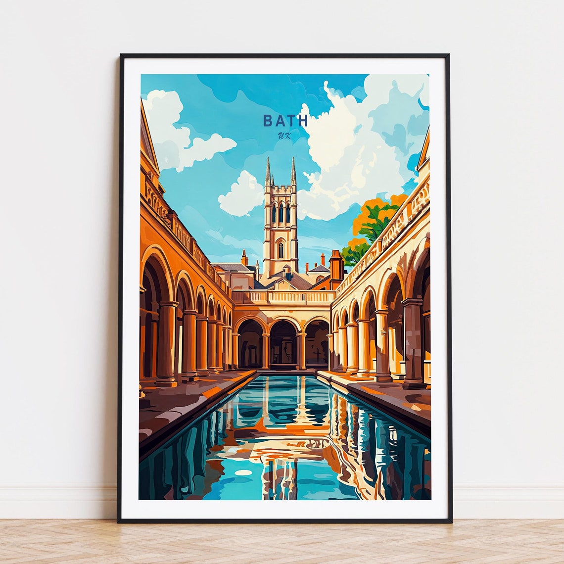 Bath UK Roman Baths Great Bath Abbey Tower Historic Travel Poster