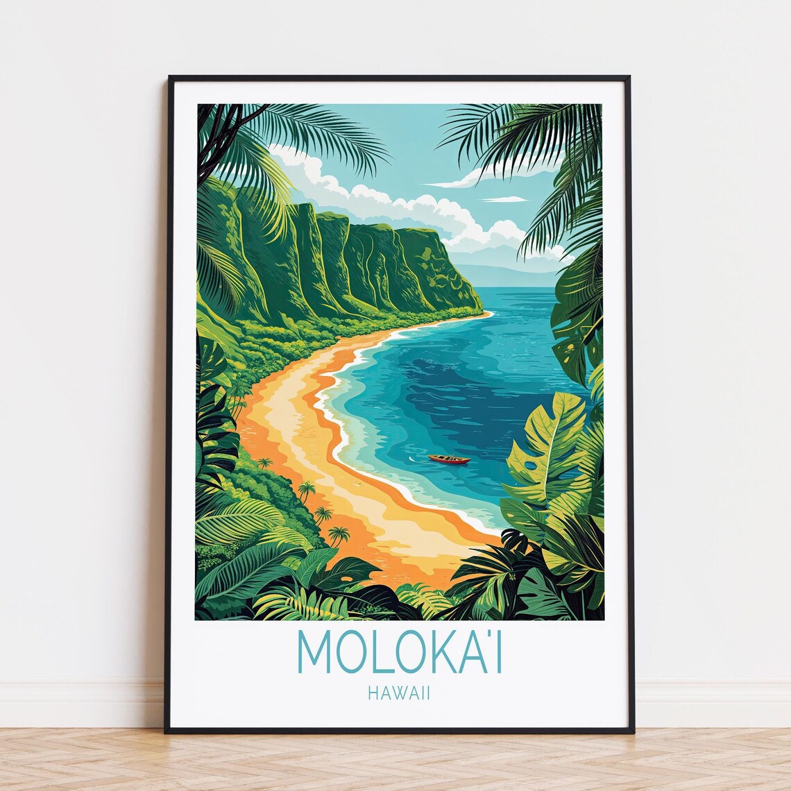 Molokai Hawaii Green Valley Bay Golden Beach Palm View Travel Poster