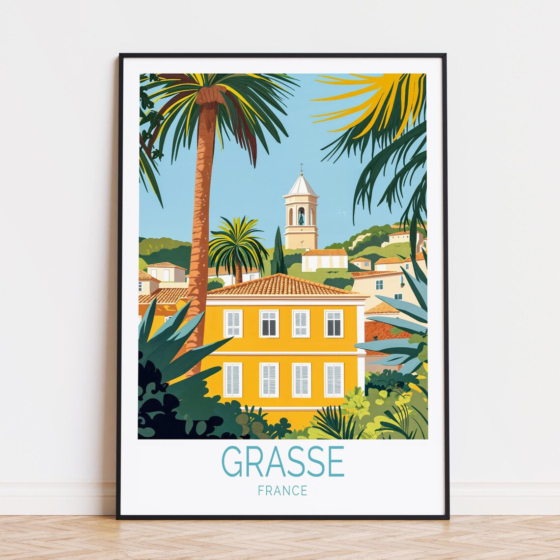 Grasse France Sunny Hillside Village Palms Church Tower Poster
