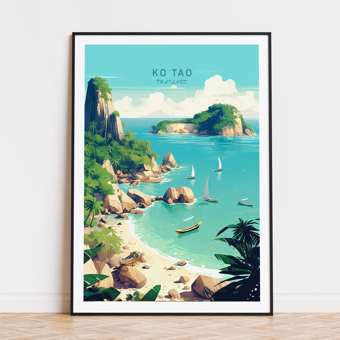 Ko Tao Thailand Tropical Bay Longtail Boats Island Cove Travel Poster