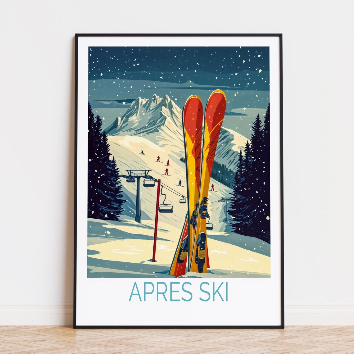 Apres Ski Alpine Resort Chairlift Red Skis Snowy Mountain Poster