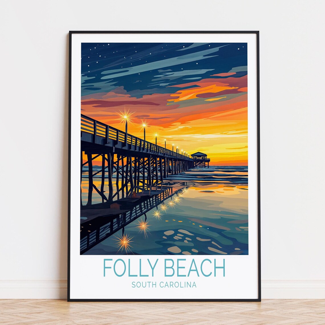 Folly Beach South Carolina Pier Sunset Vintage Travel Poster