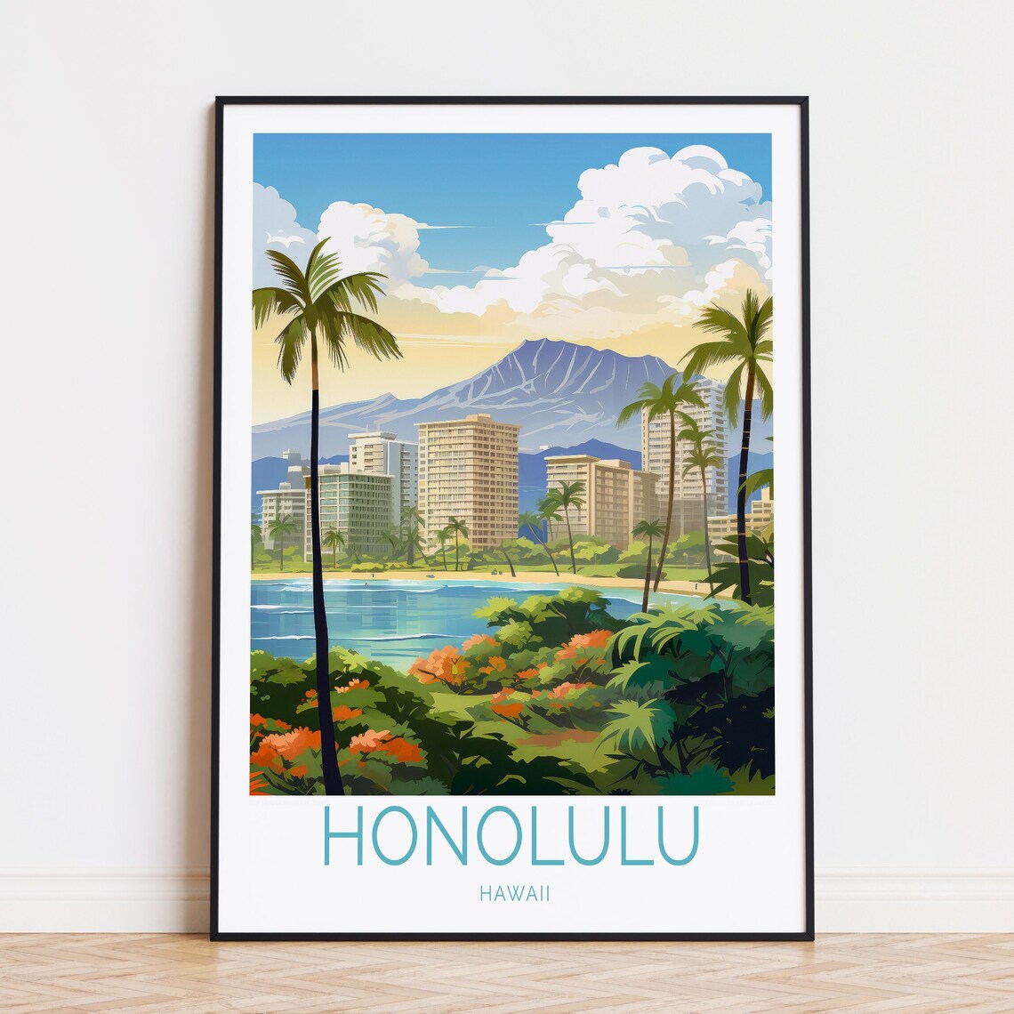 Honolulu Hawaii Tropical Skyline Palms Ocean View Travel Poster
