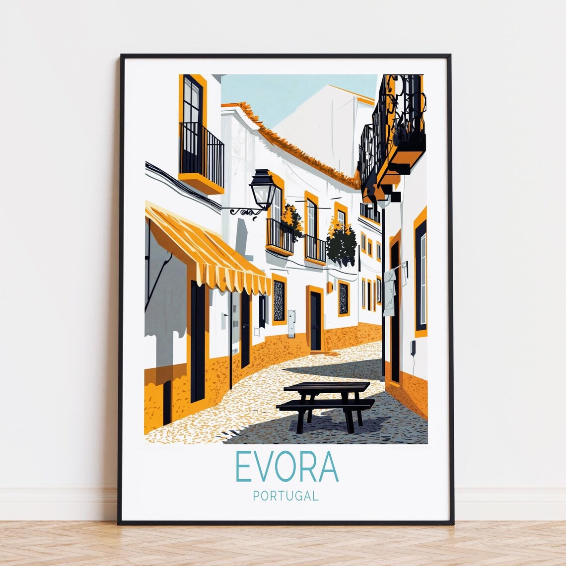 Evora Portugal Sunlit Whitewashed Old Town Street Travel Poster