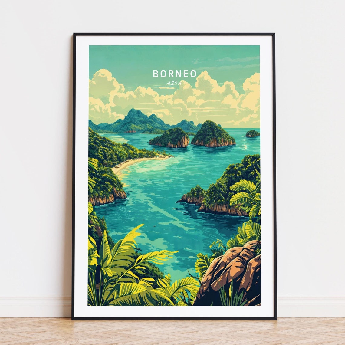Borneo Asia Emerald Islands Overlook Jungle Coast Travel Poster