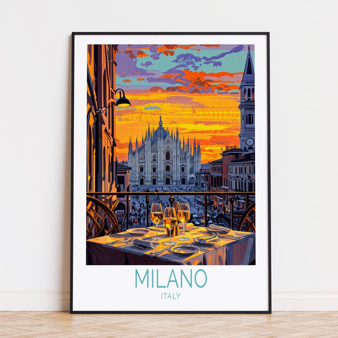 Milano Italy Duomo Cathedral Sunset Terrace Dinner Retro Poster