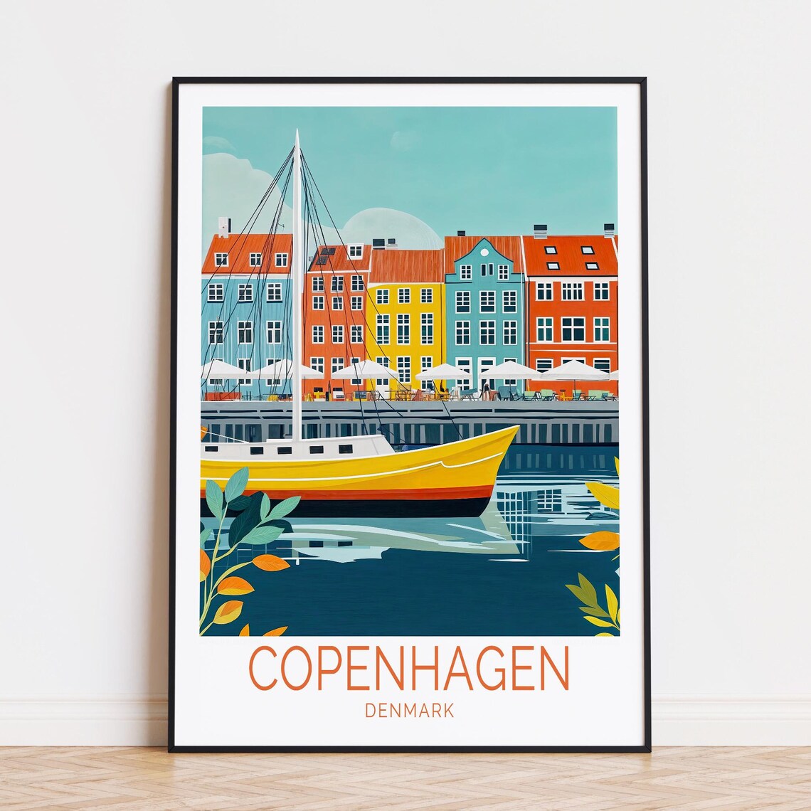 Copenhagen Denmark Yellow Sailboat Harbor Vintage Travel Poster
